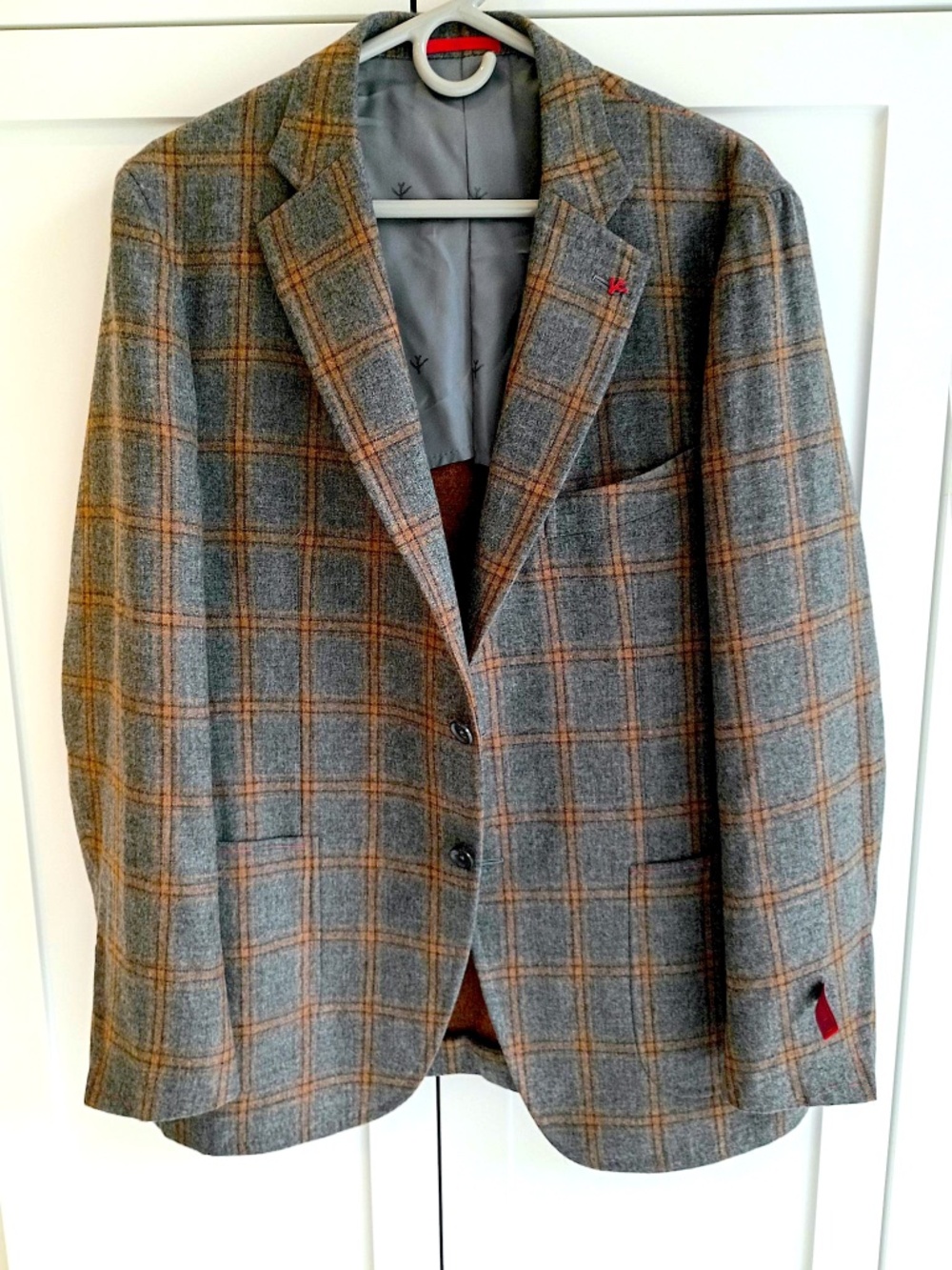 Brand New with Tags ISAIA Sport Coat Gray Plaid w/ Accents Tangerine/Maroon (54)